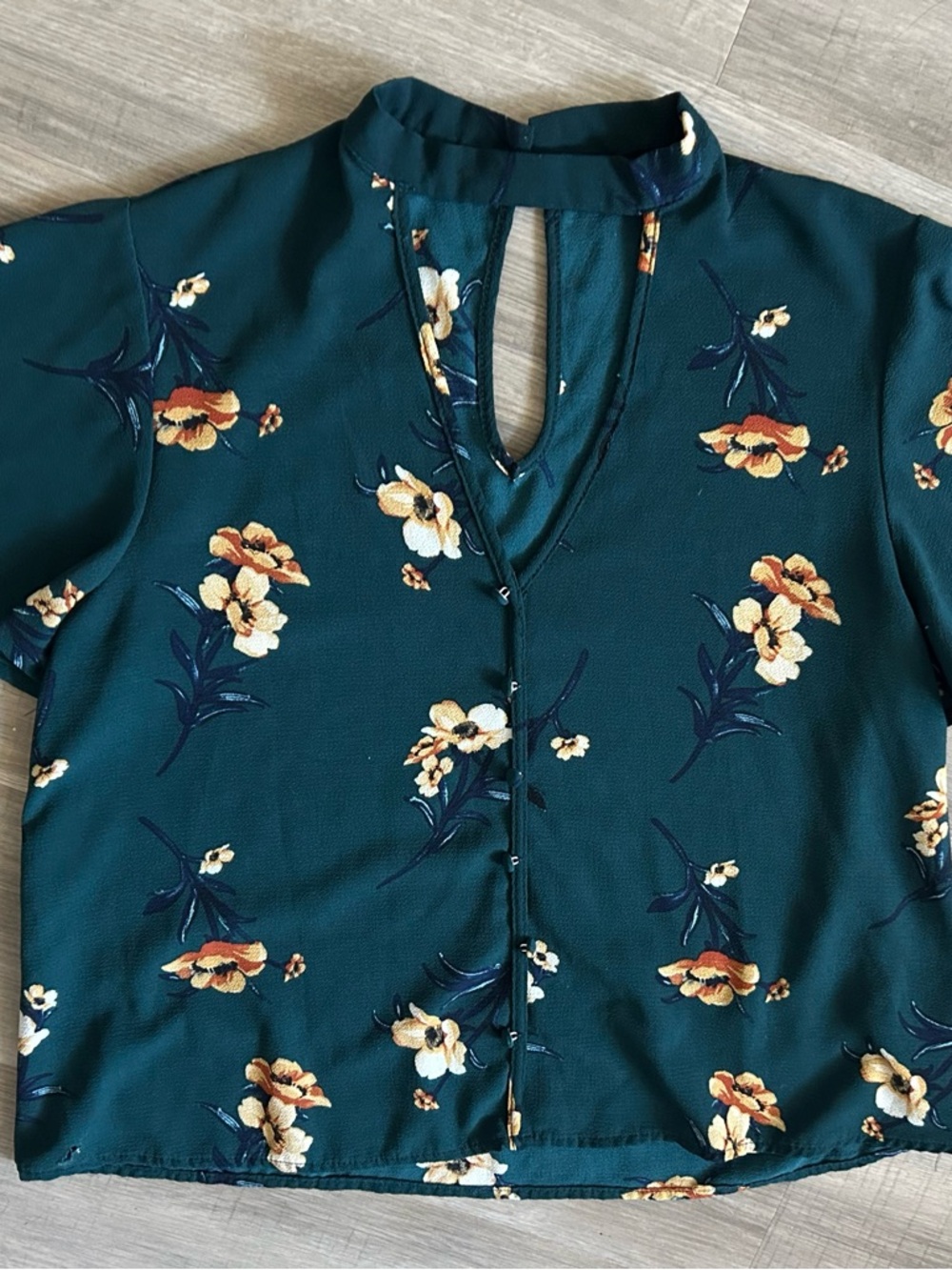 Women's Teal Floral Keyhole Blouse